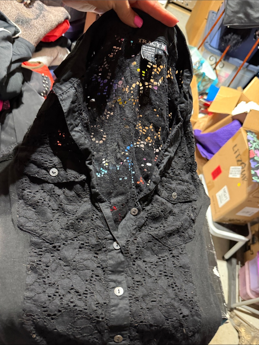 Tracy M Black Lace Button-Down Shirt